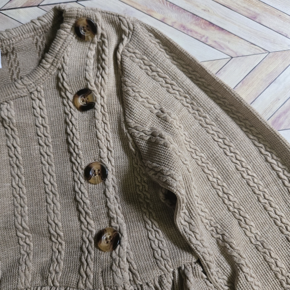 Girls Cottagecore Cable Knit Sweater Dress Button-Side Long Sleeve Ruffle Cuff - Picture 5 of 9